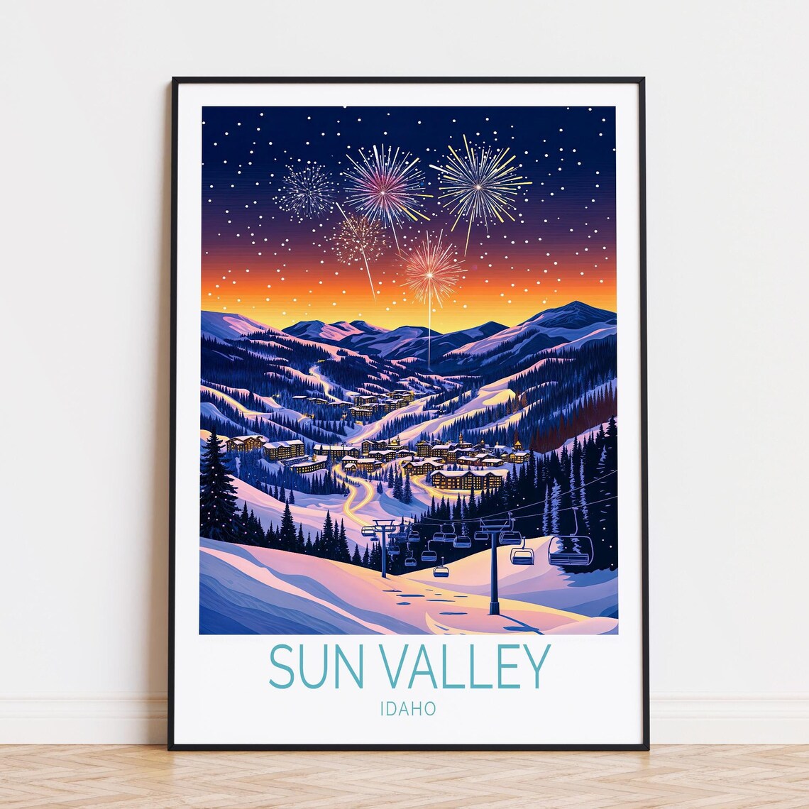 Sun Valley Idaho Fireworks Over Snowy Ski Village At Night Poster