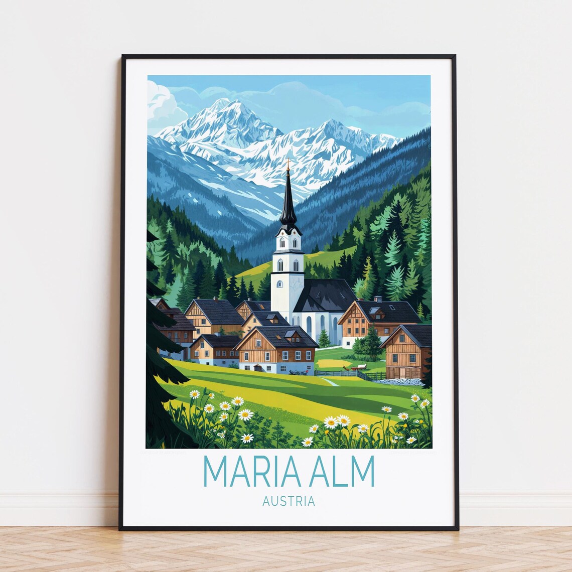 Maria Alm Austria Summer Alpine Meadow Daisies Church Peaks Poster