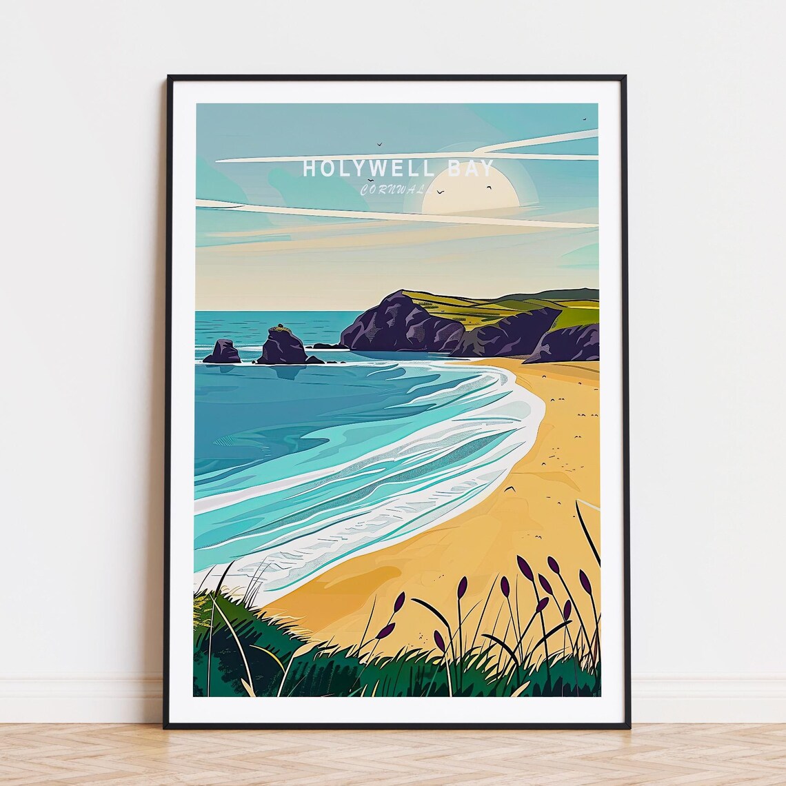 Holywell Bay Cornwall Golden Beach Sea Stacks Shore Travel Poster