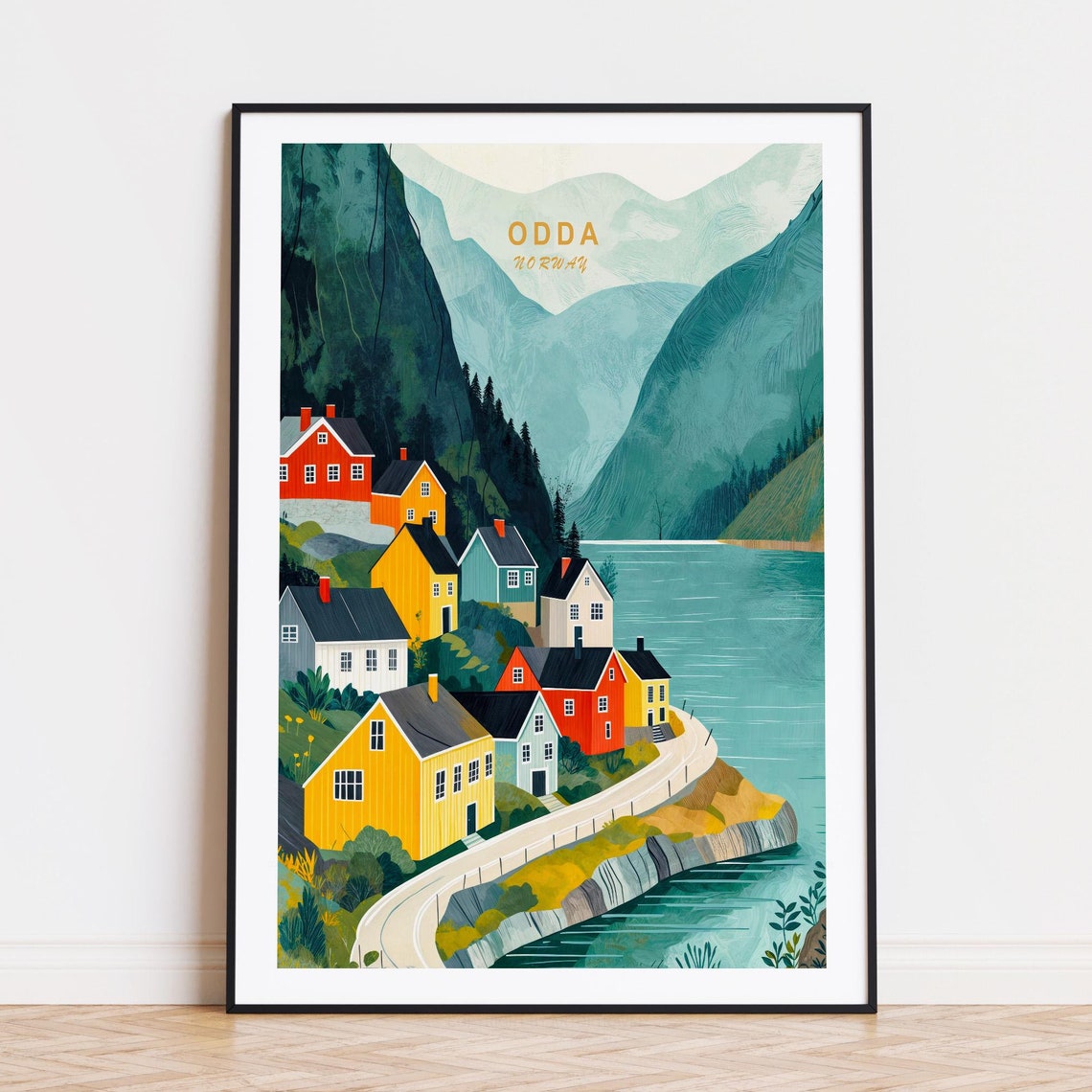 Odda Norway Travel Poster, Minimalist Cityscape Art
