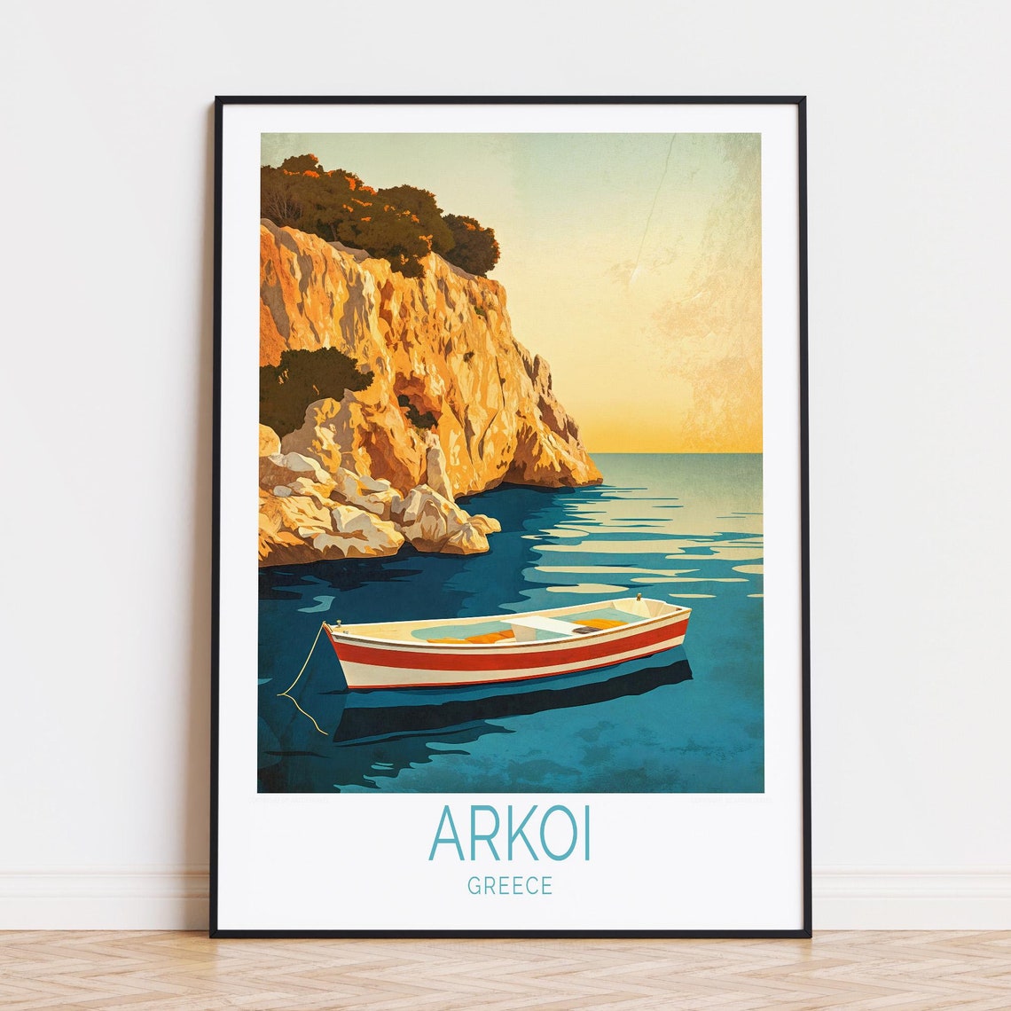 Arkoi Greece Red Boat Rocky Cove Sunset Aegean Travel Poster