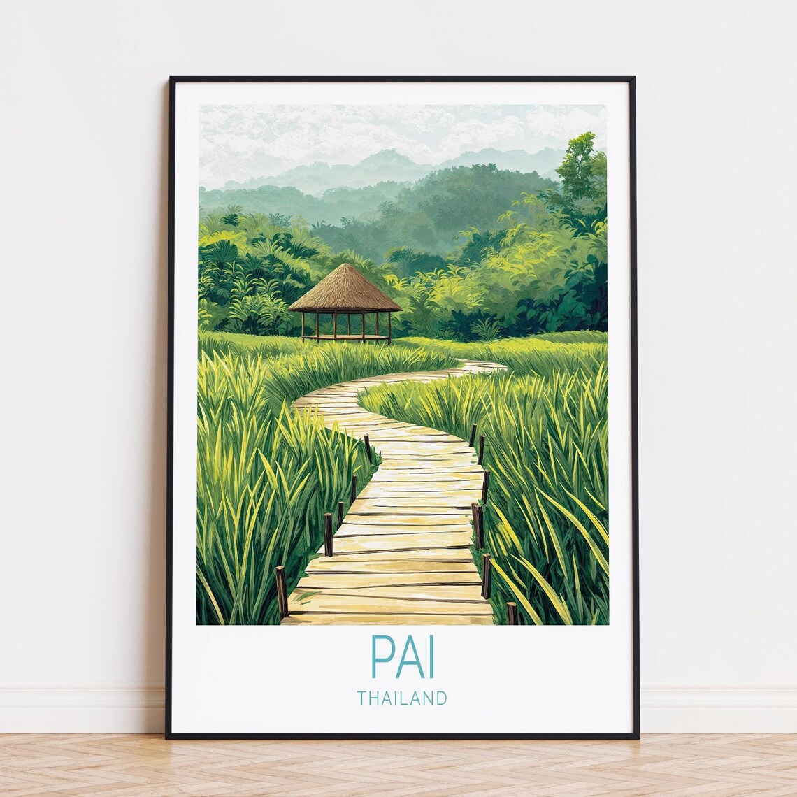 Pai Thailand Bamboo Boardwalk Rice Fields Thatched Hut Travel Poster