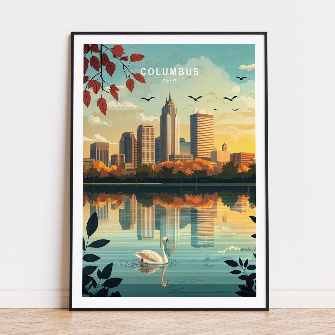 Columbus Ohio Downtown Skyline Autumn Reflection Travel Poster