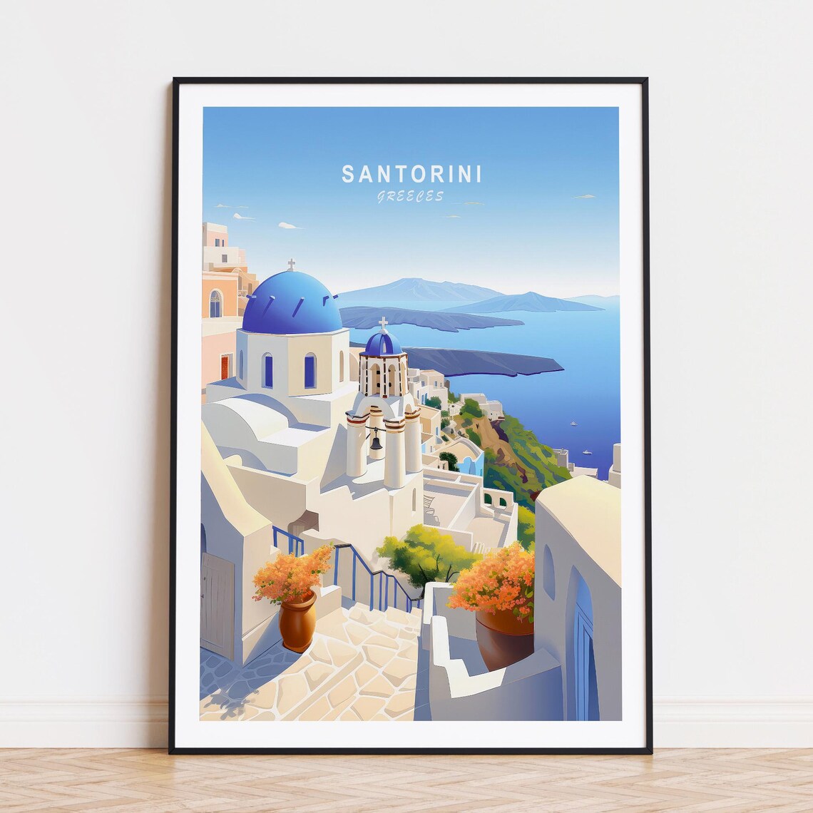 Santorini Greece Oia Blue Domes Aegean Caldera Scenic Travel Poster