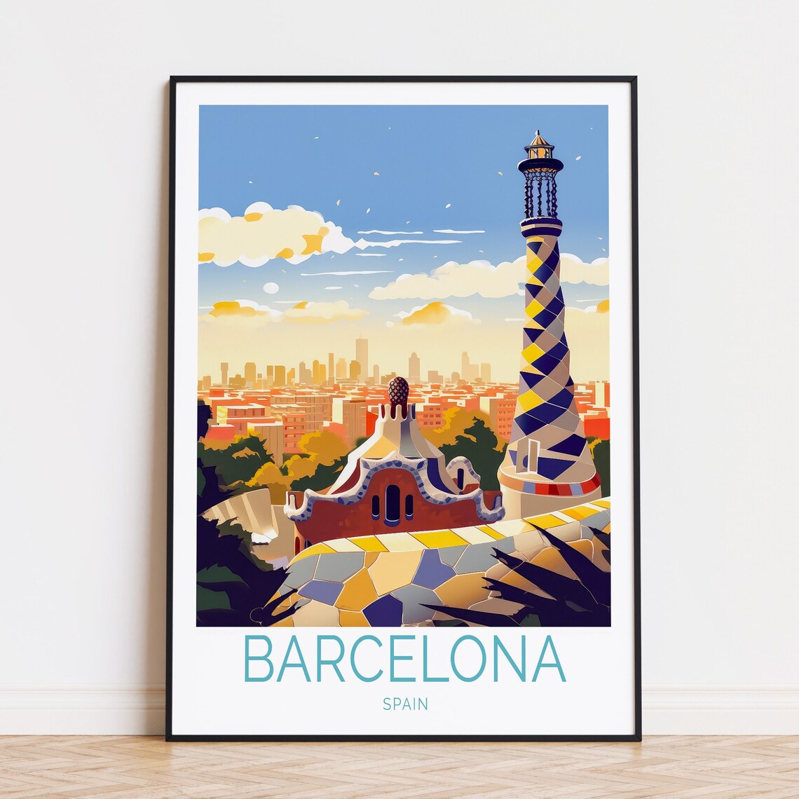 Barcelona Spain Park Guell Mosaic Terrace View Travel Poster
