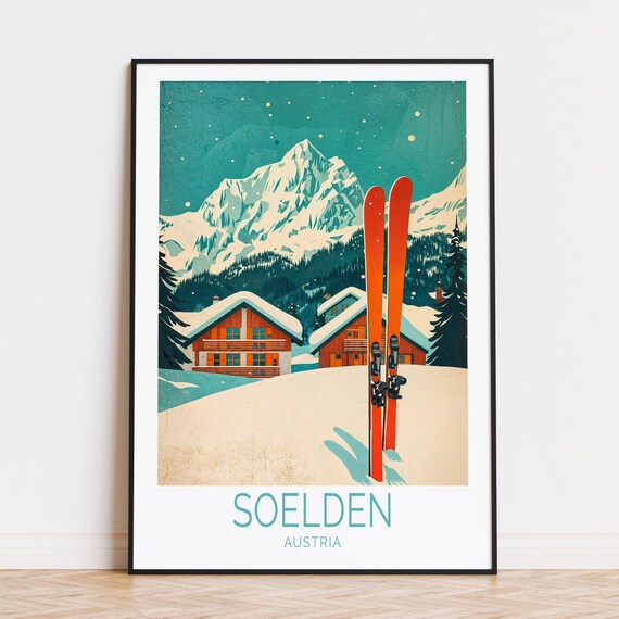Soelden Austria Retro Travel Poster Orange Skis Snowy Chalet Art