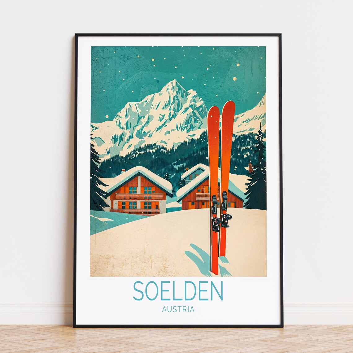 Soelden Austria Retro Travel Poster Orange Skis Snowy Chalet Art