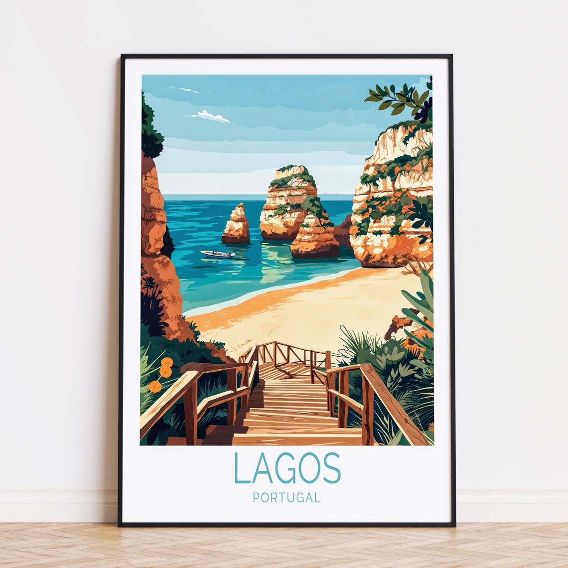 Lagos Portugal Golden Sea Stacks Beach Wooden Stairway Poster