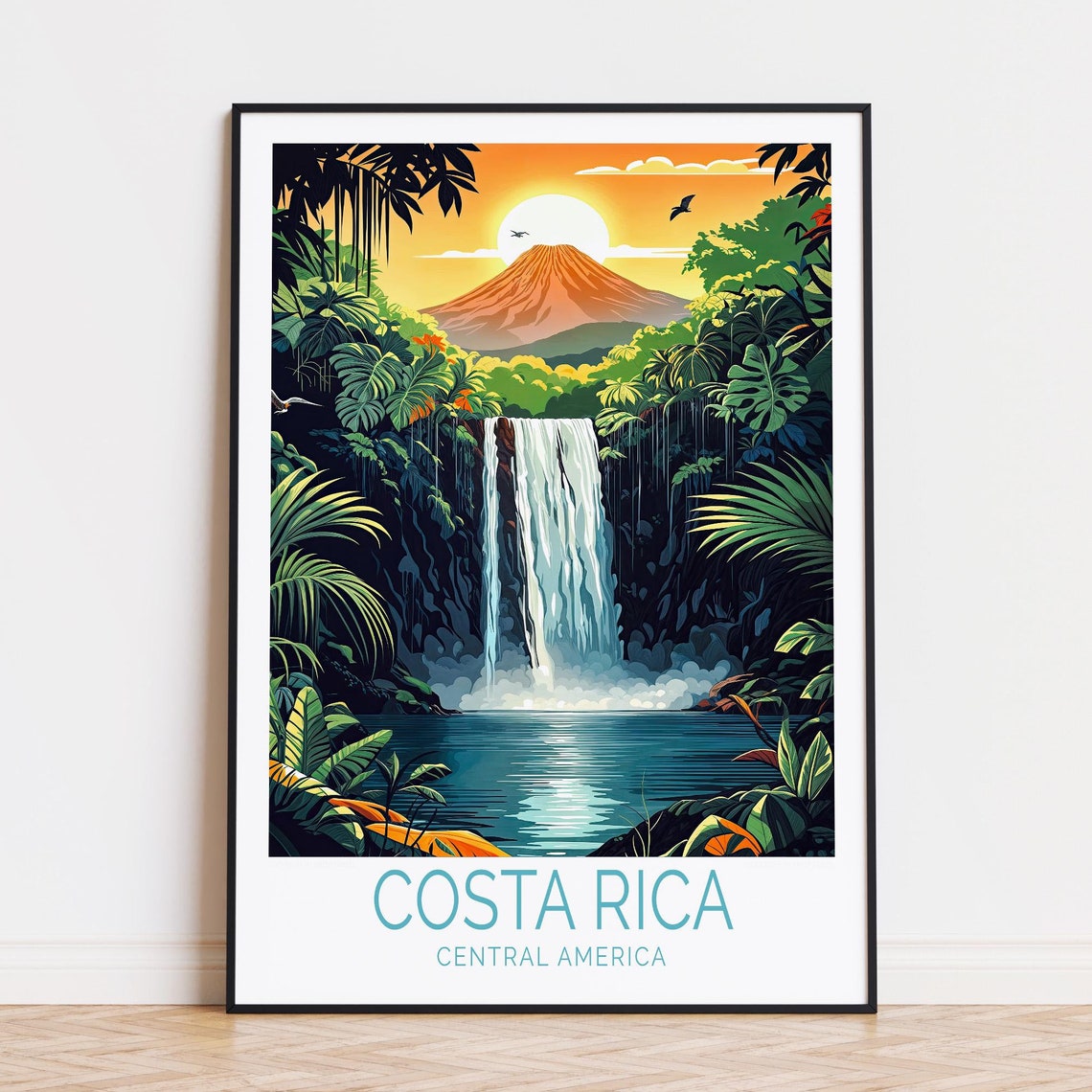 Costa Rica Central America Waterfall Volcano Sunset View Poster