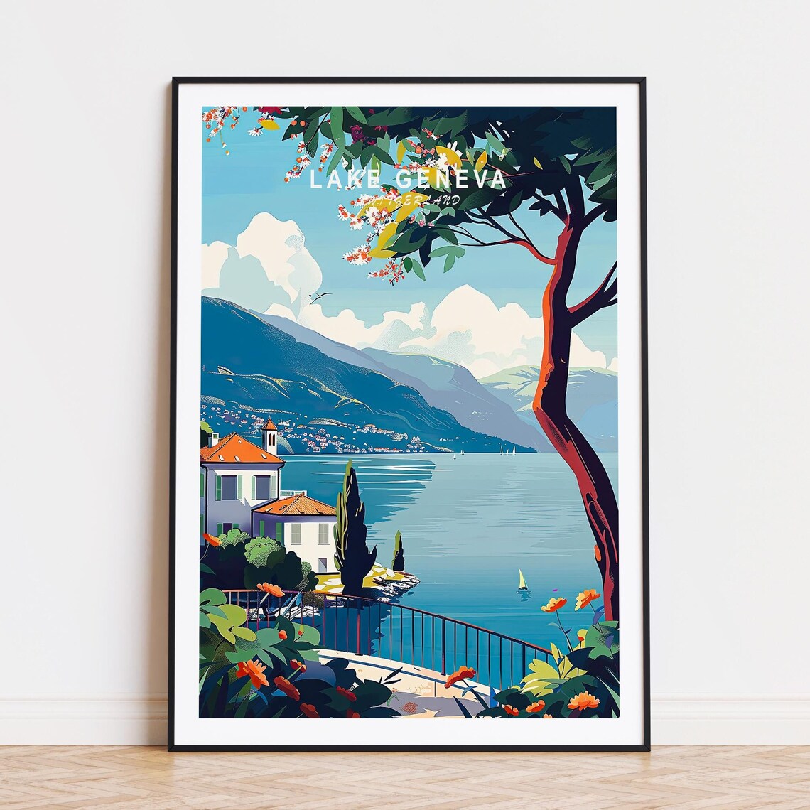 Lake Geneva Travel Poster Switzerland City Wall Art Lake Geneva Switzerland Print Birthday Gifts Wedding Present