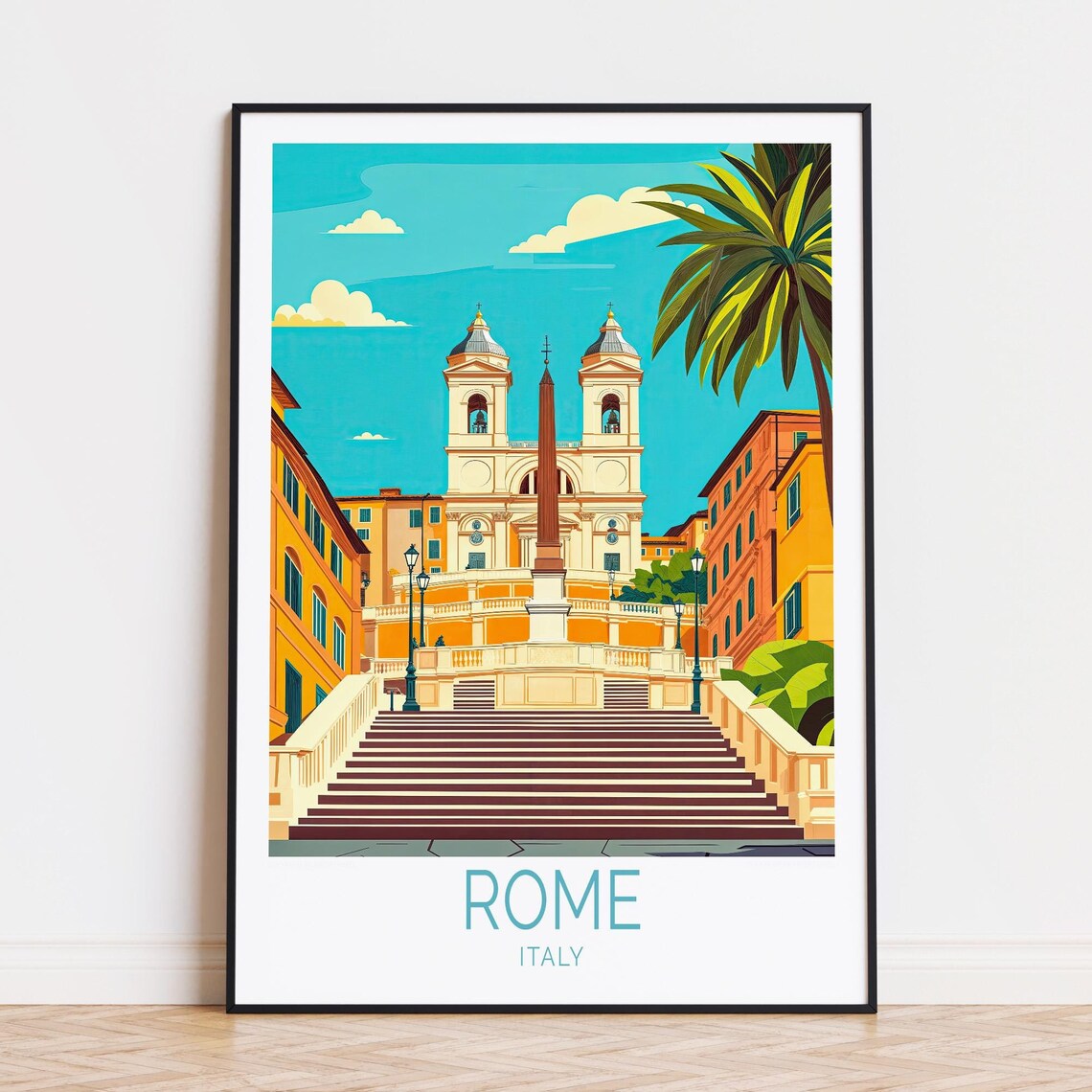 Rome Italy Spanish Steps Twin Towers Obelisk Vintage Travel Poster
