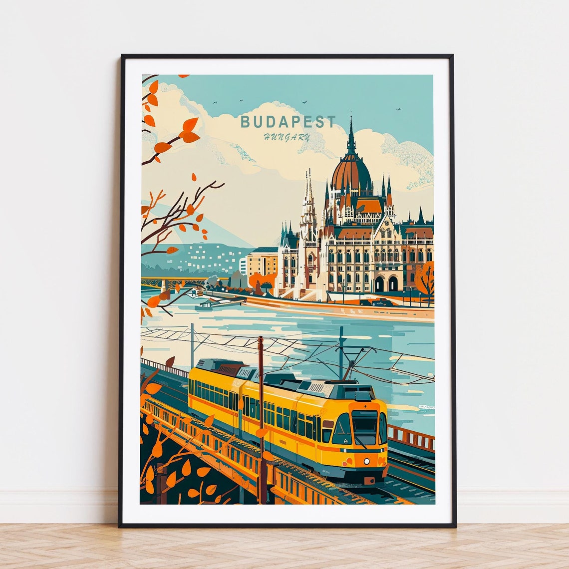 Budapest Hungary Parliament Yellow Tram Danube Travel Poster