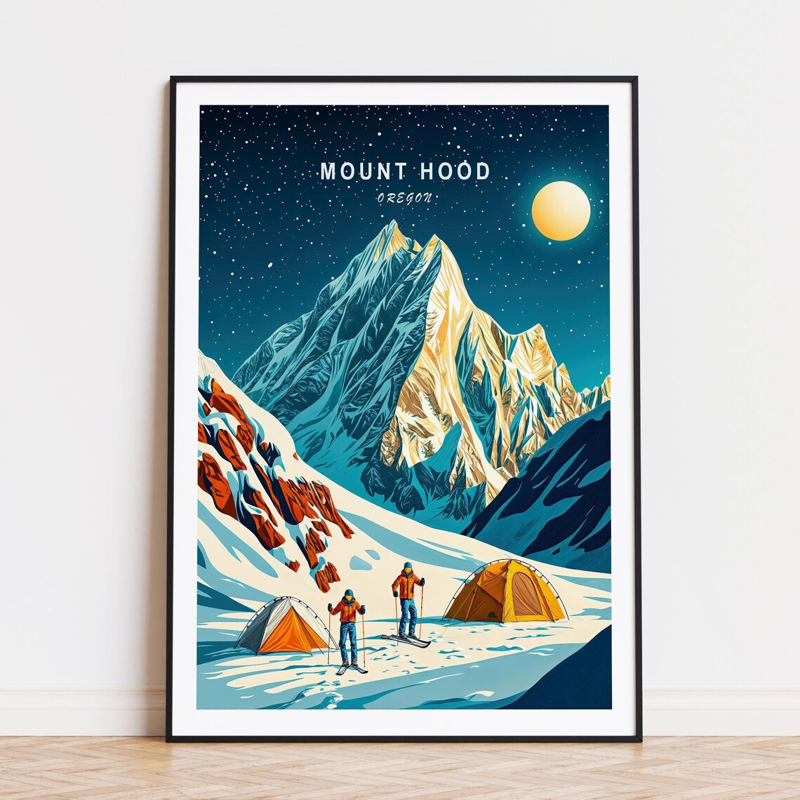 Mount Hood Oregon Moonlit Night Camp Among Snowy Peaks Poster