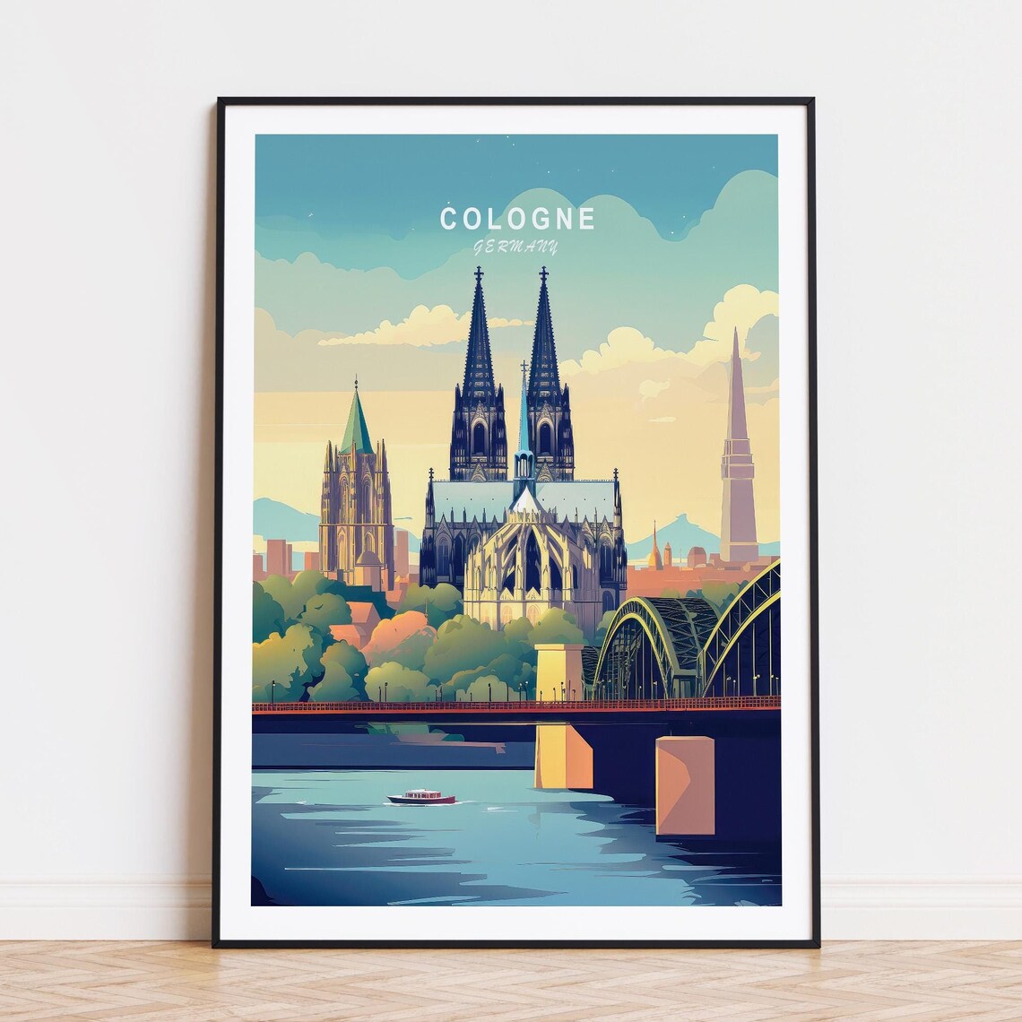 Cologne Germany Cathedral Rhine River Bridge Vintage Travel Poster