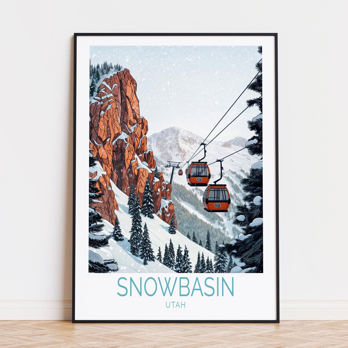 Snowbasin Utah Ski Gondola Snowy Red Rock Mountain Travel Poster