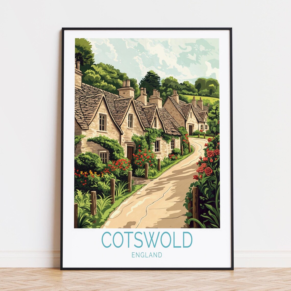 Cotswold England Honey Stone Cottages Rose Lane Travel Poster