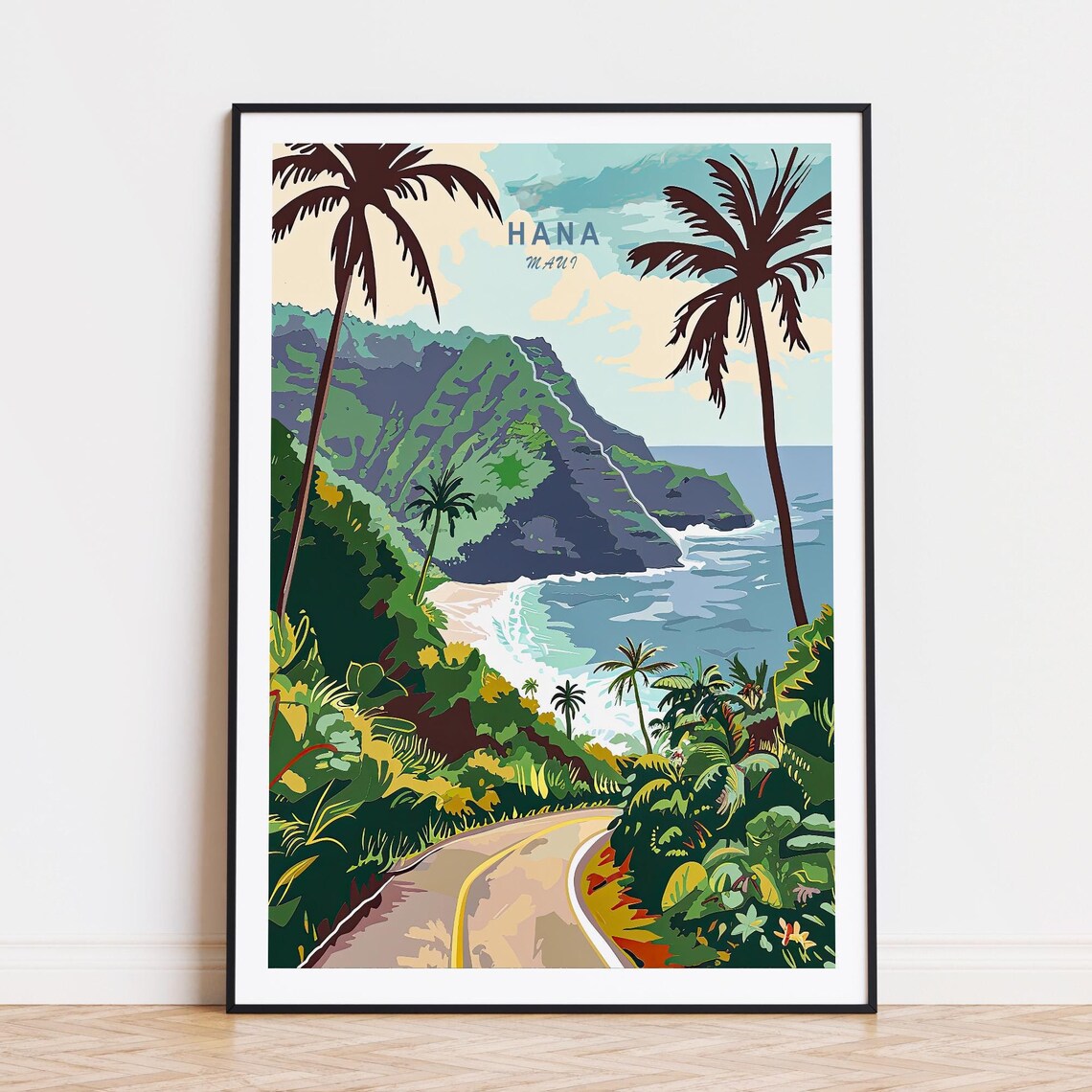 Hana Maui Hawaii Tropical Coastal Road Palm Trees Travel Poster