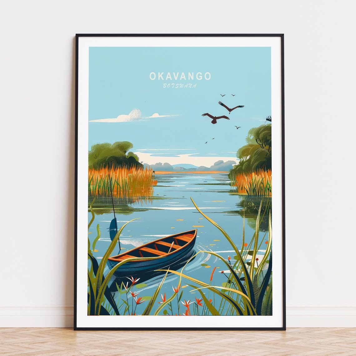 Okavango Botswana Delta Mokoro Canoe Wildlife View Travel Poster