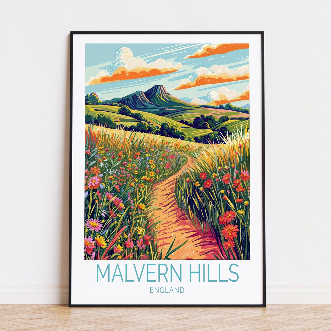 Malvern Hills England Wildflower Path Sunset Meadow Travel Poster