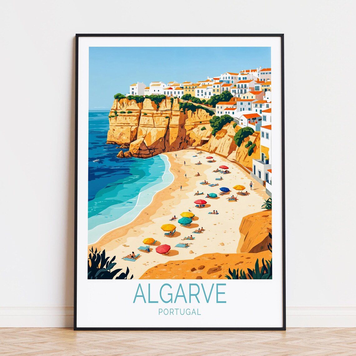 Algarve Portugal Golden Cliffs Sunny Beach Parasols Umbrellas Poster