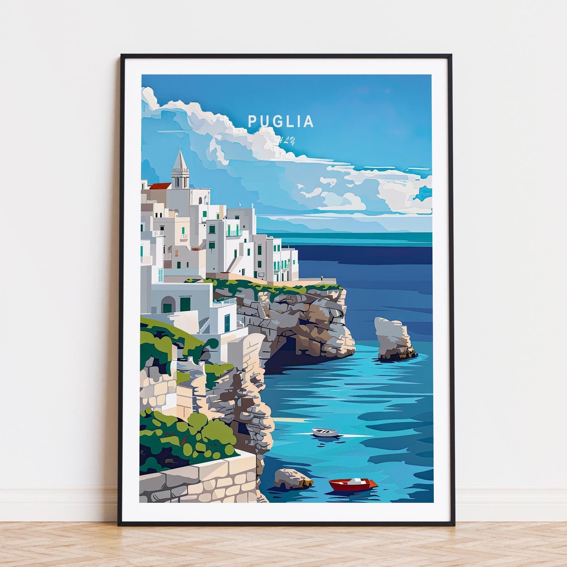 Puglia Italy Whitewashed Cliffside Town Over Turquoise Sea Poster
