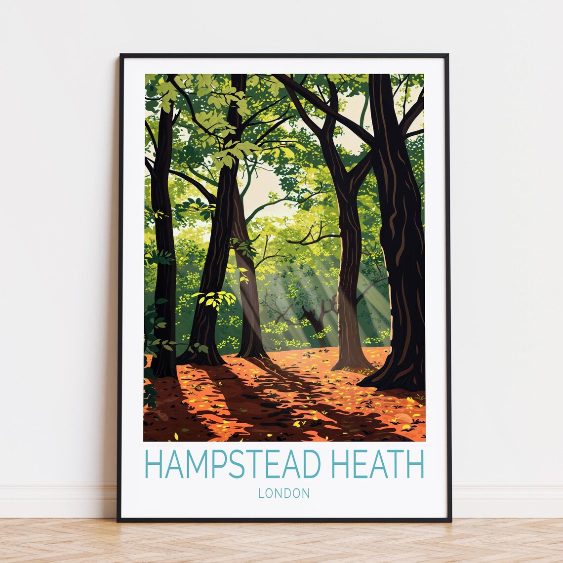 Hampstead Heath London Sunlit Forest Path Autumn Leaves Travel Poster