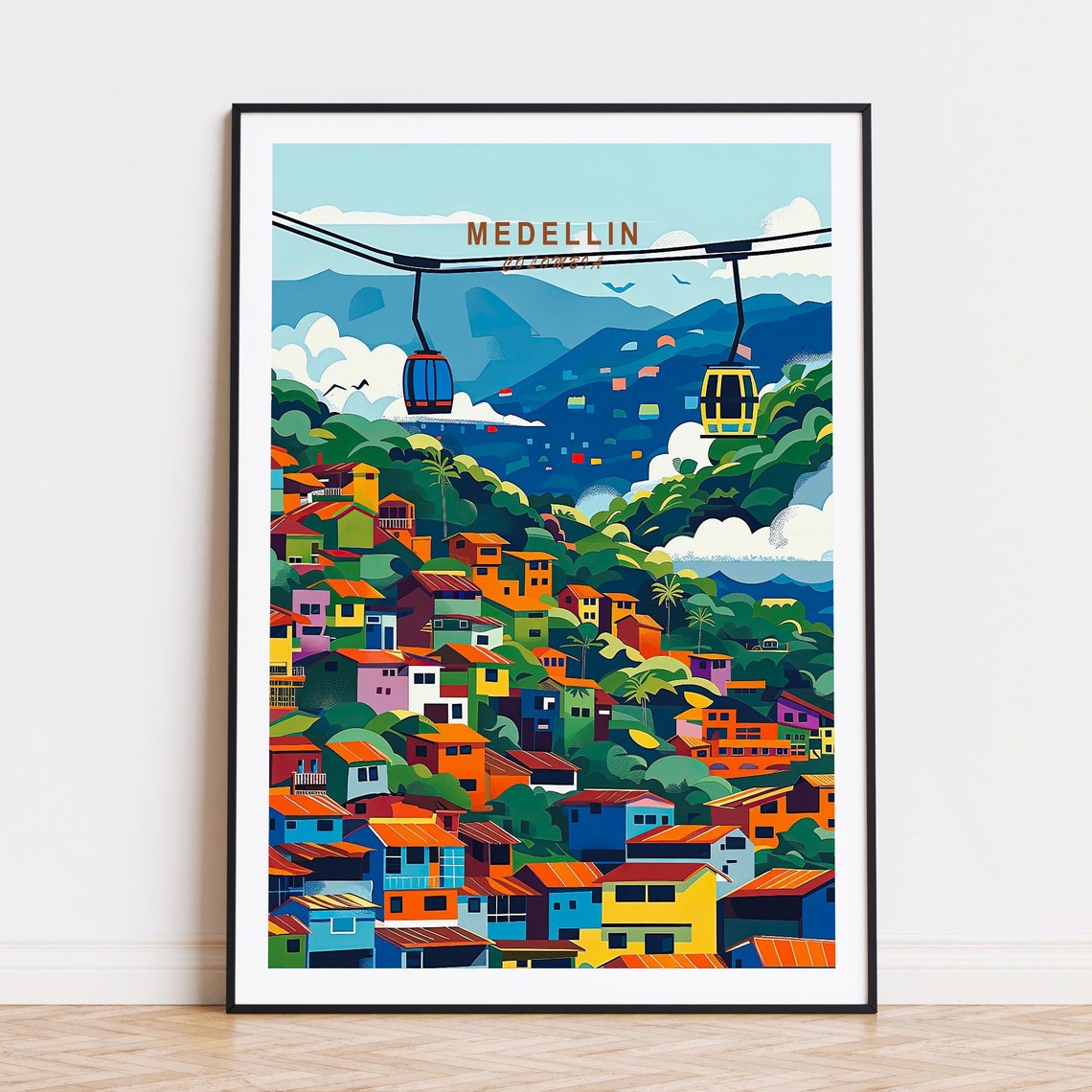 Medellin Colombia Metrocable Gondolas Hillside Cityscape Poster