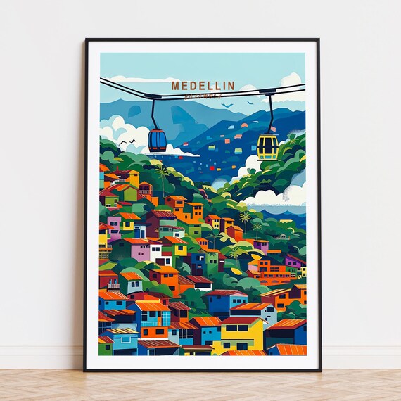 Medellin Colombia Metrocable Gondolas Hillside Cityscape Poster