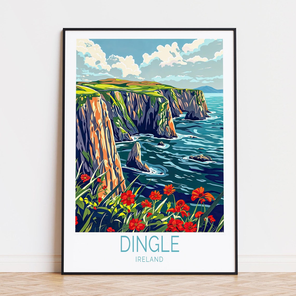 Dingle Ireland Dramatic Sea Cliffs Coastal Wildflowers Travel Poster