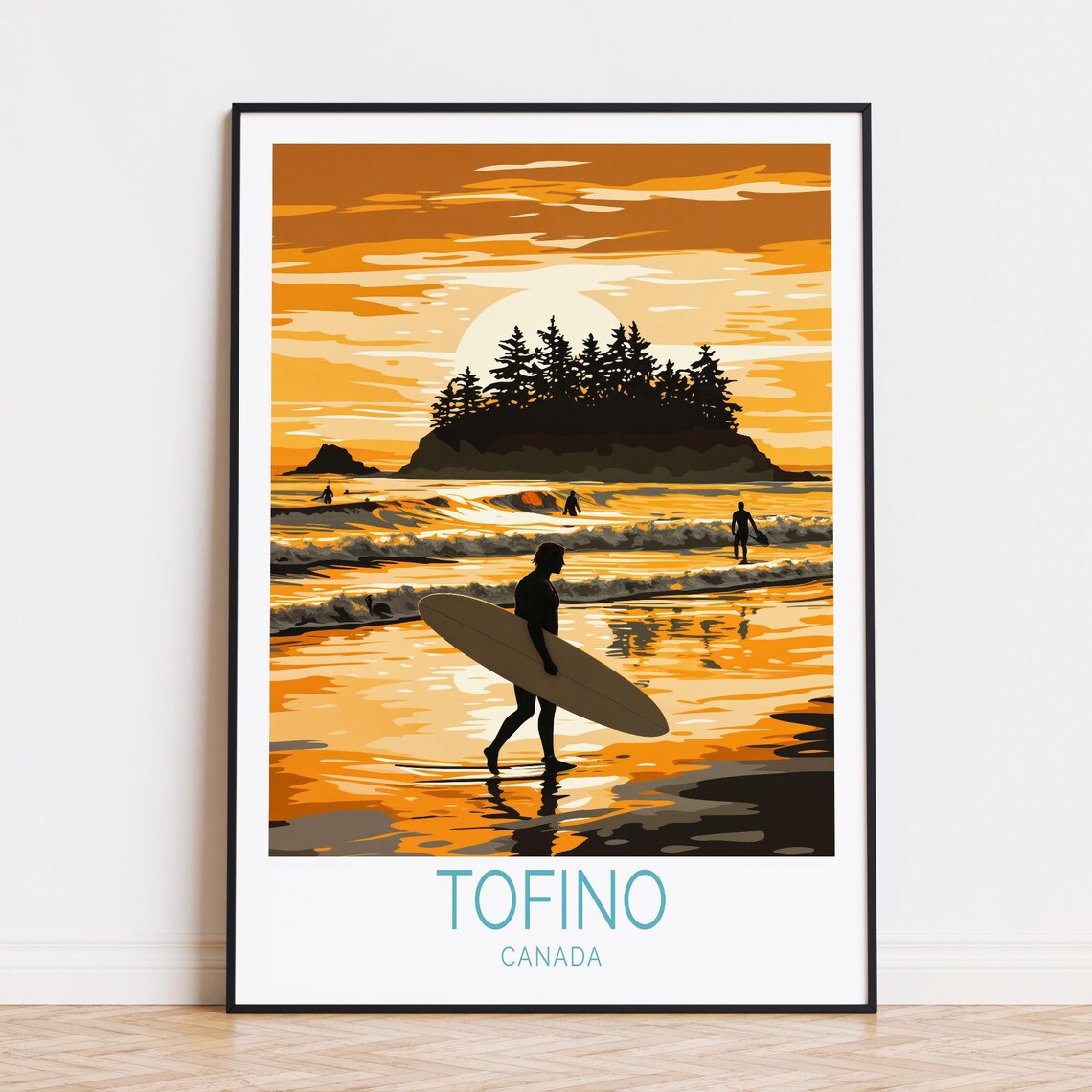 Tofino Canada Golden Sunset Surf Silhouette Pine Island Travel Poster