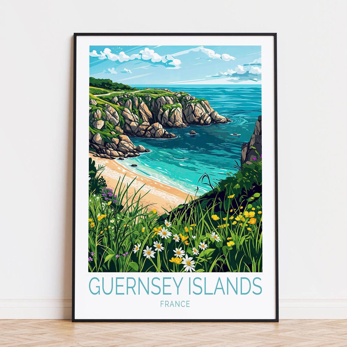 Guernsey Islands Rocky Cove Beach Turquoise Sea France Travel Poster