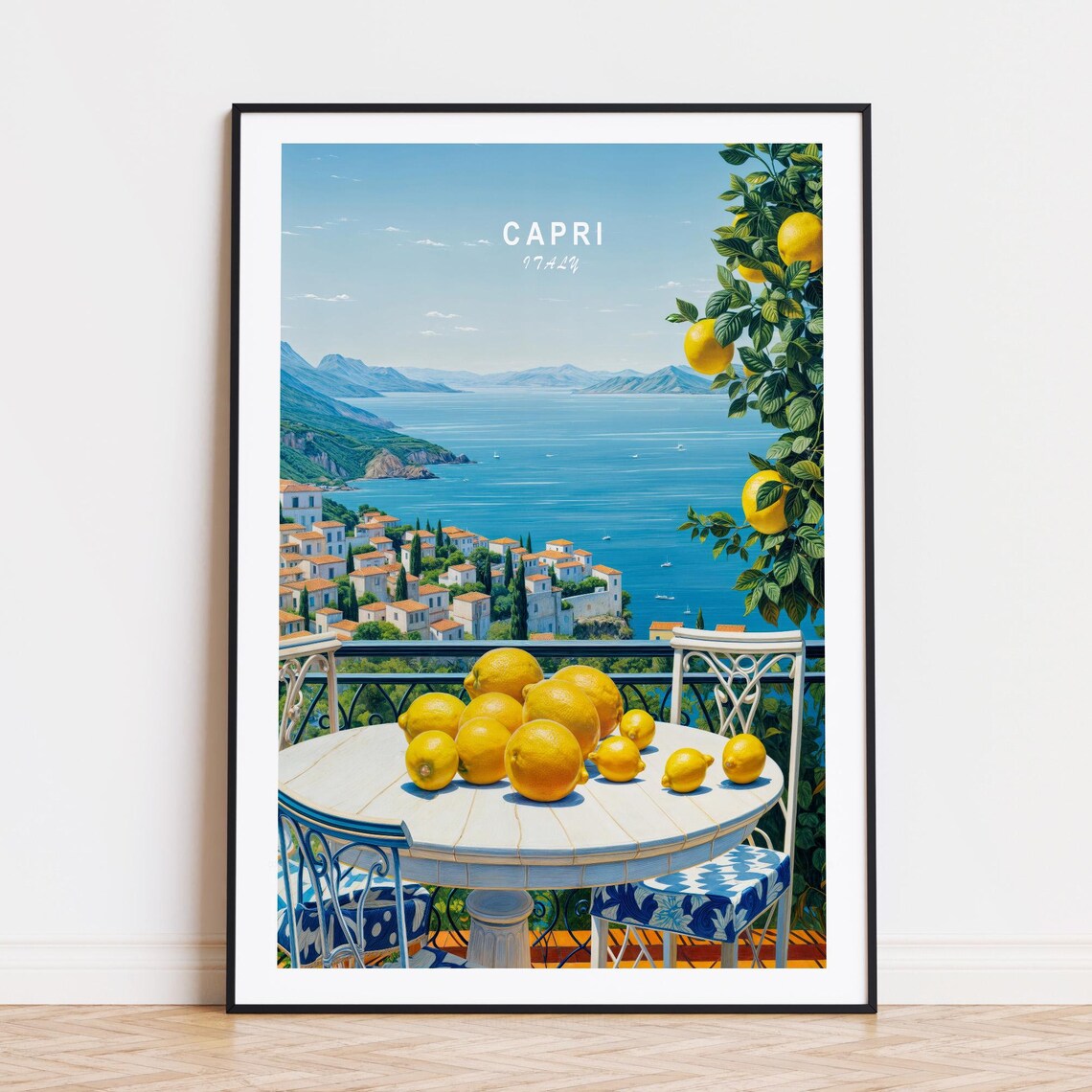 Capri Italy Lemon Terrace Bay View Town Vintage Travel Poster