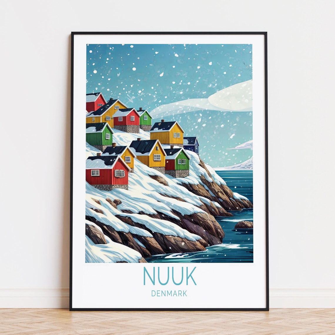 Nuuk Denmark Snowy Arctic Harbor Colorful Houses Winter Poster