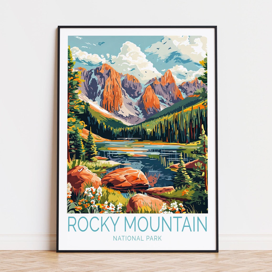 Rocky Mountain Alpine Lake Jagged Red Peaks Caption Below Poster