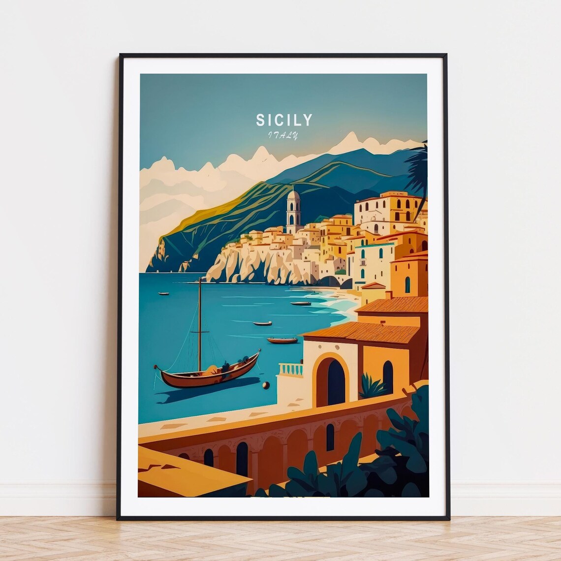 Sicily Italy Cliffside Coastal Town with Fishing Boat Poster