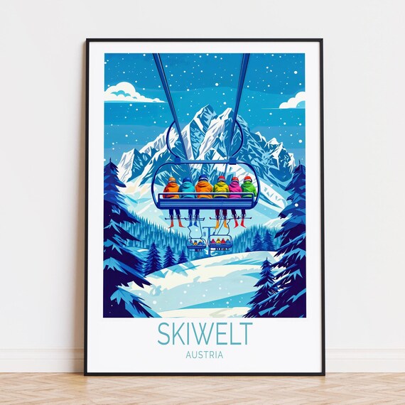 SkiWelt Austria Chairlift Colorful Skiers Snowy Peaks Winter Poster