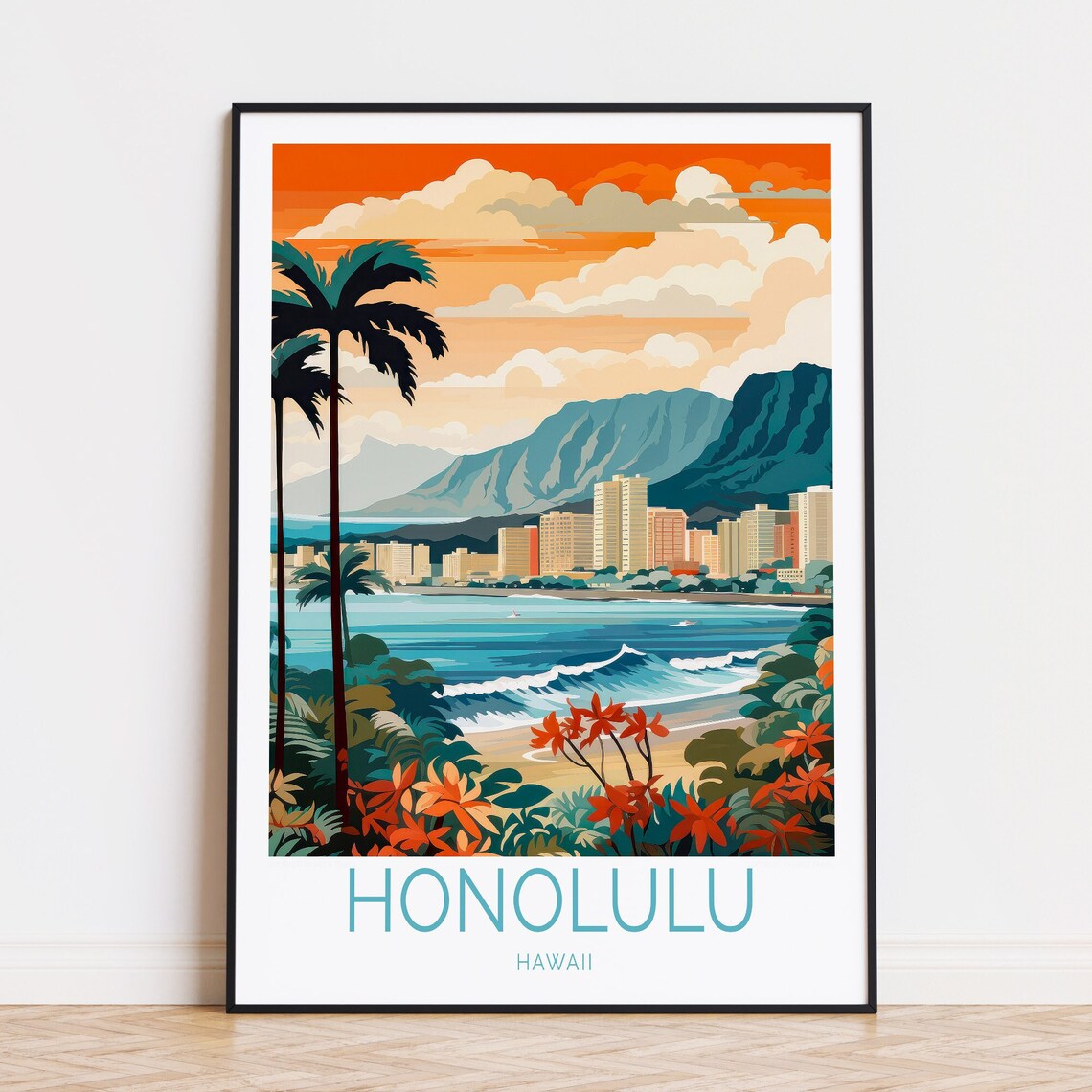Honolulu Hawaii Sunset Skyline Mountain Beach Palm Travel Poster