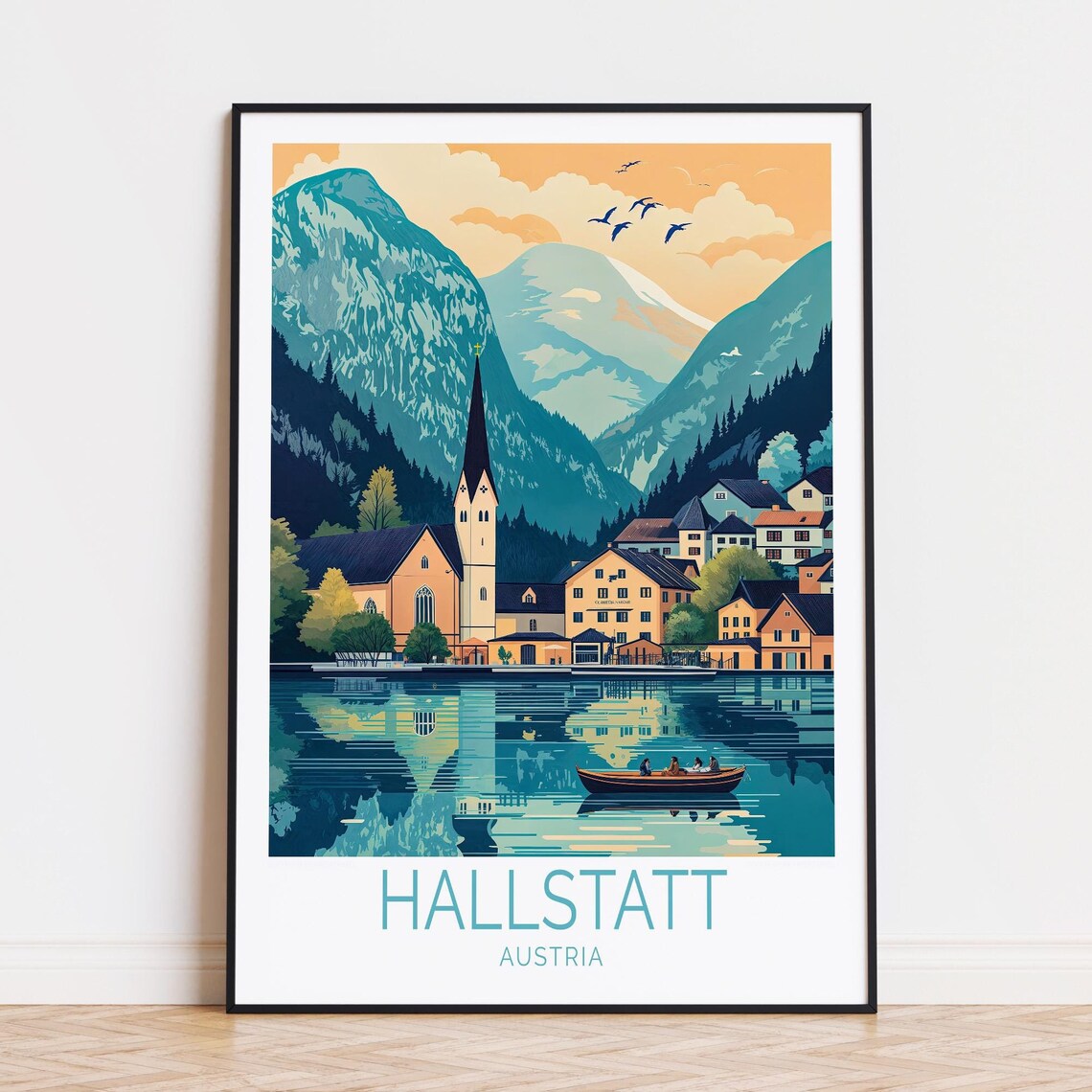 Hallstatt Austria Lakeside Church Mountain Village Boat Scene Poster