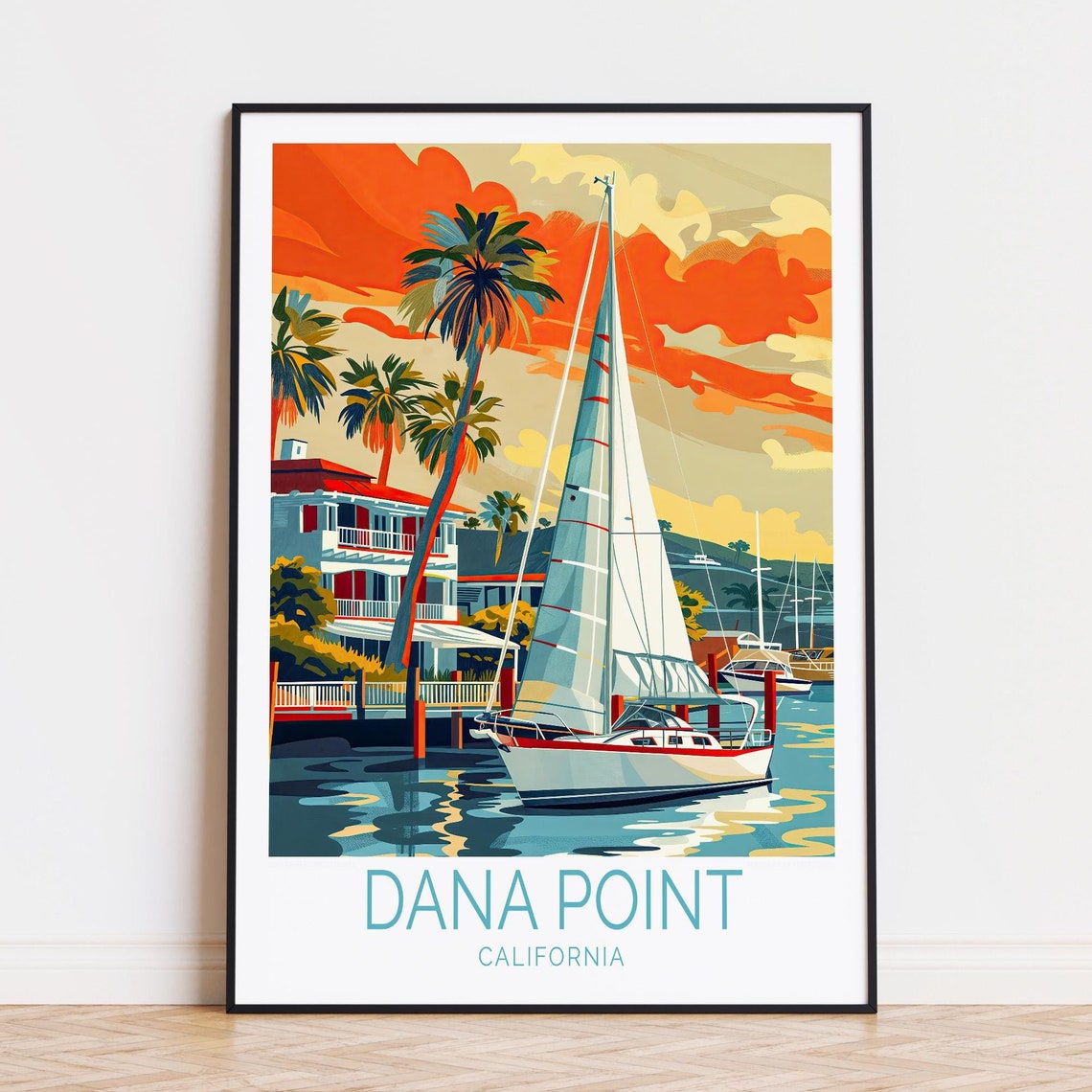 Dana Point Harbor Sailboat Sunset Palm Trees Coastline Poster