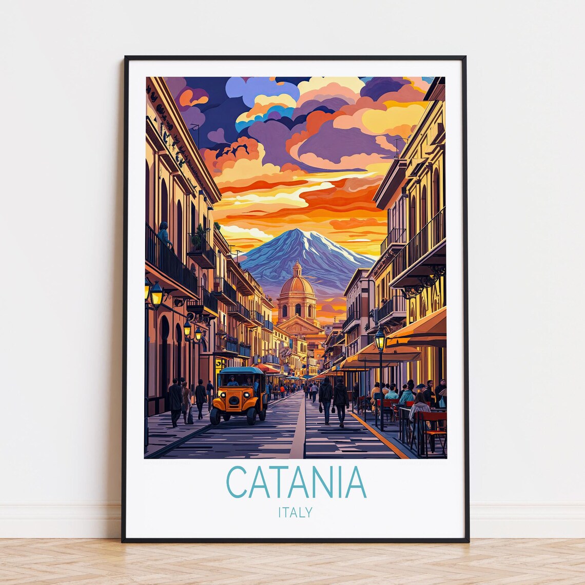 Catania Italy Travel Poster Mount Etna Sunset Street Vintage Art Decor