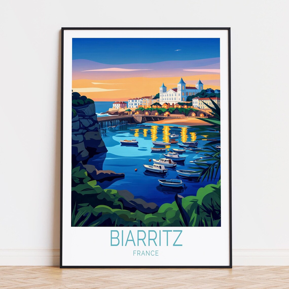 Biarritz France Sunset Harbor Boats Waterfront Lights Cliffs Poster