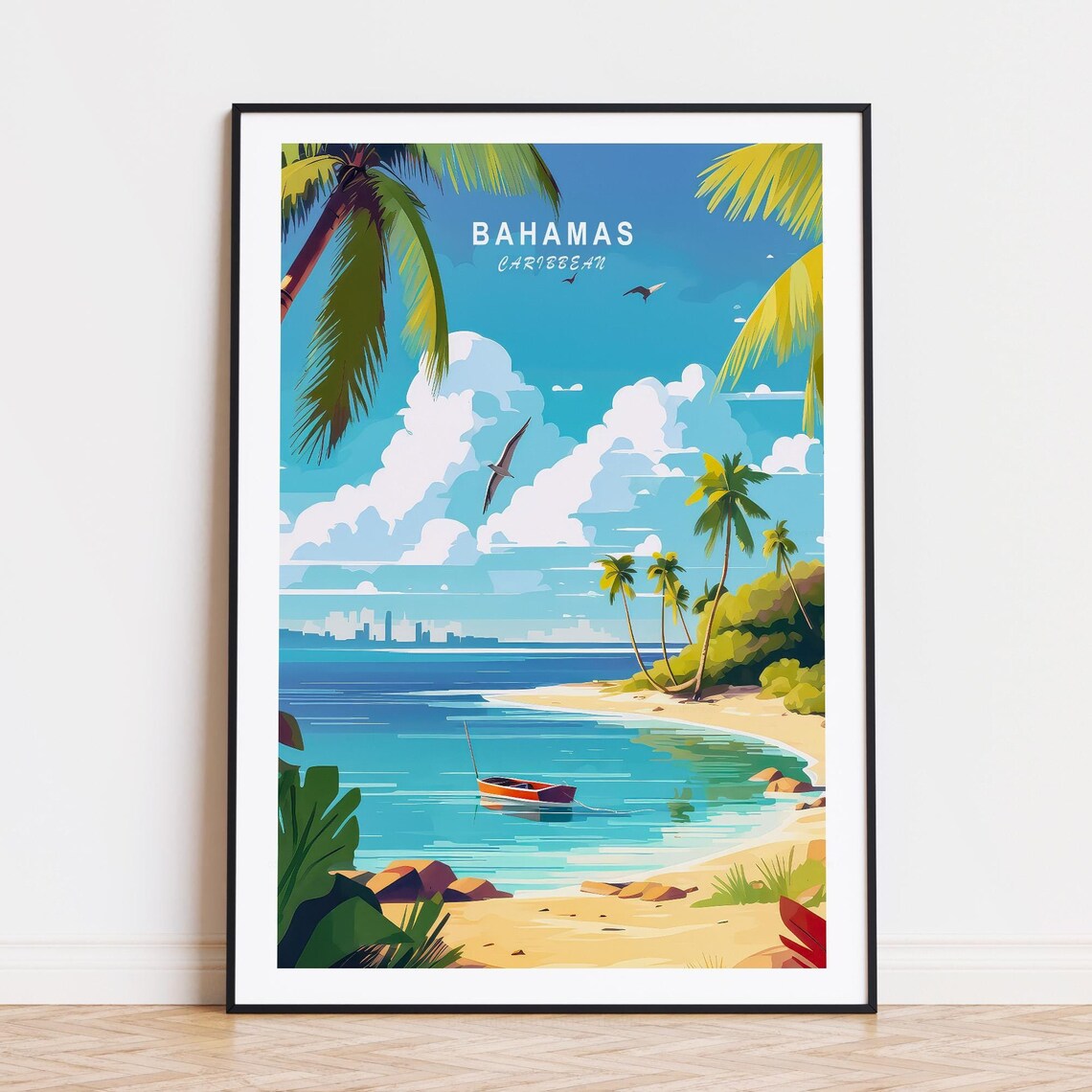 Bahamas Caribbean Palm Beach Paradise Retro Travel Art Poster
