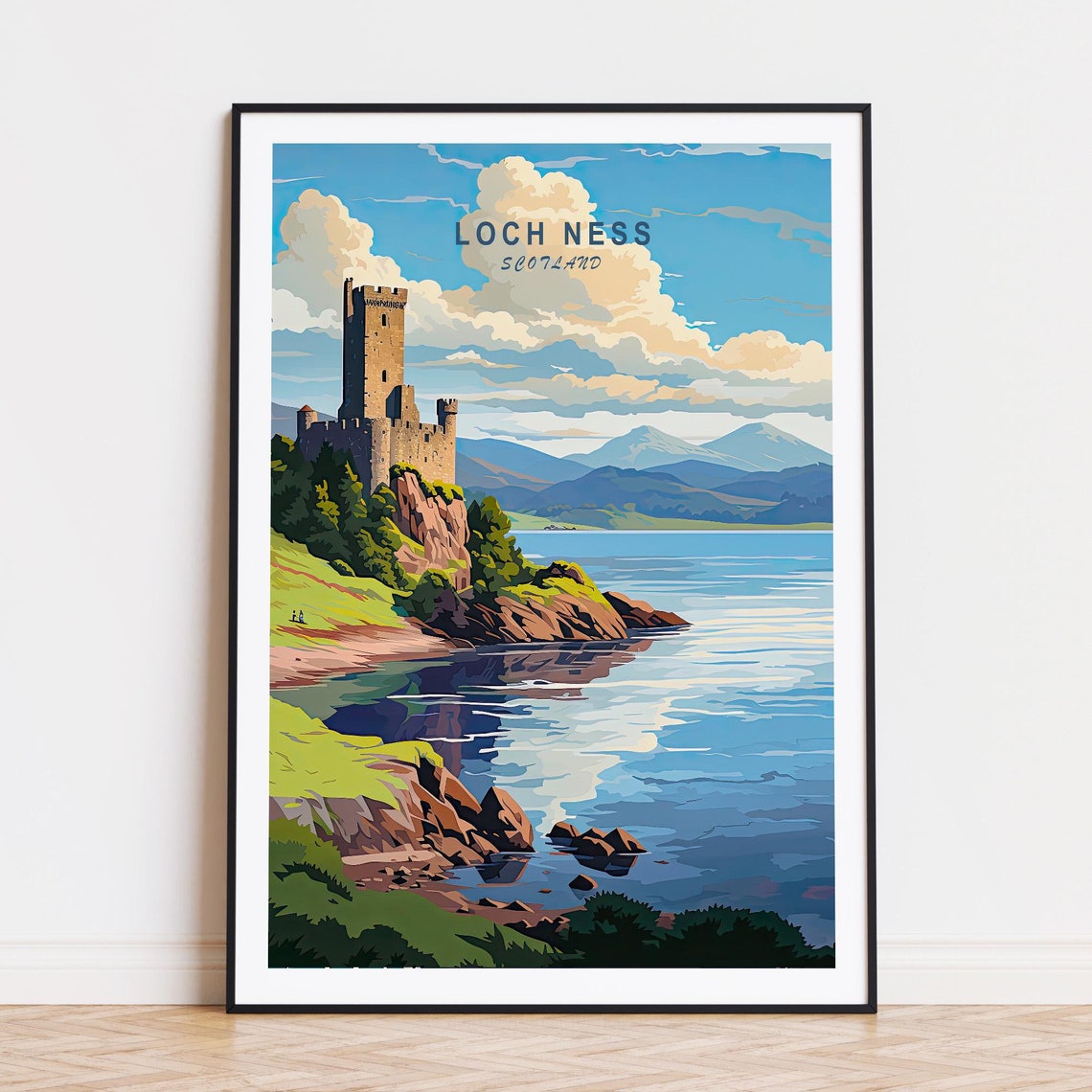 Loch Ness Scotland Castle Ruins Still Blue Loch Travel Poster