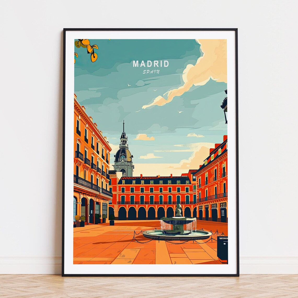 Madrid Spain Historic Plaza Fountain Golden Retro Travel Poster