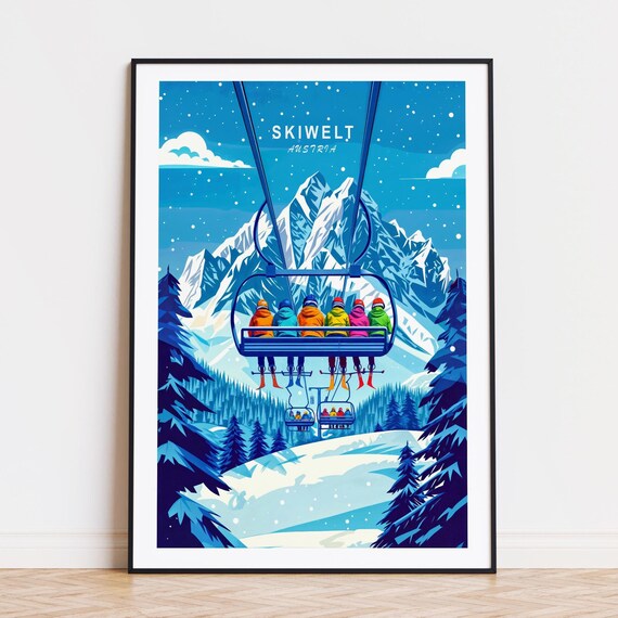 SkiWelt Austria Ski Lift Riders Blue Peaks Snowfall Travel Poster