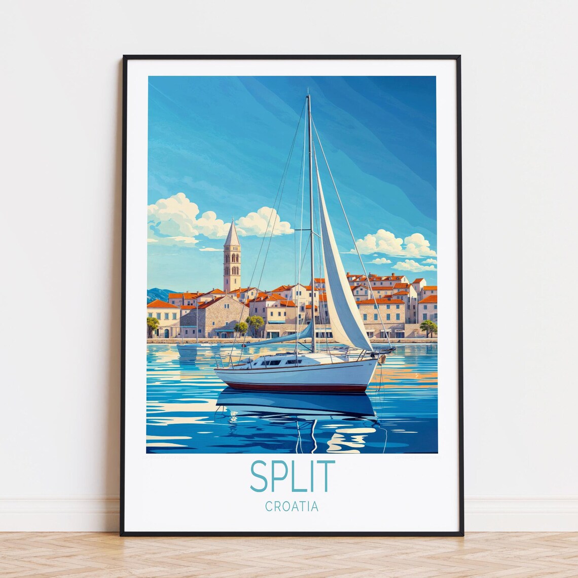 Split Croatia Old Town Harbor Sailboat Bell Tower Travel Poster