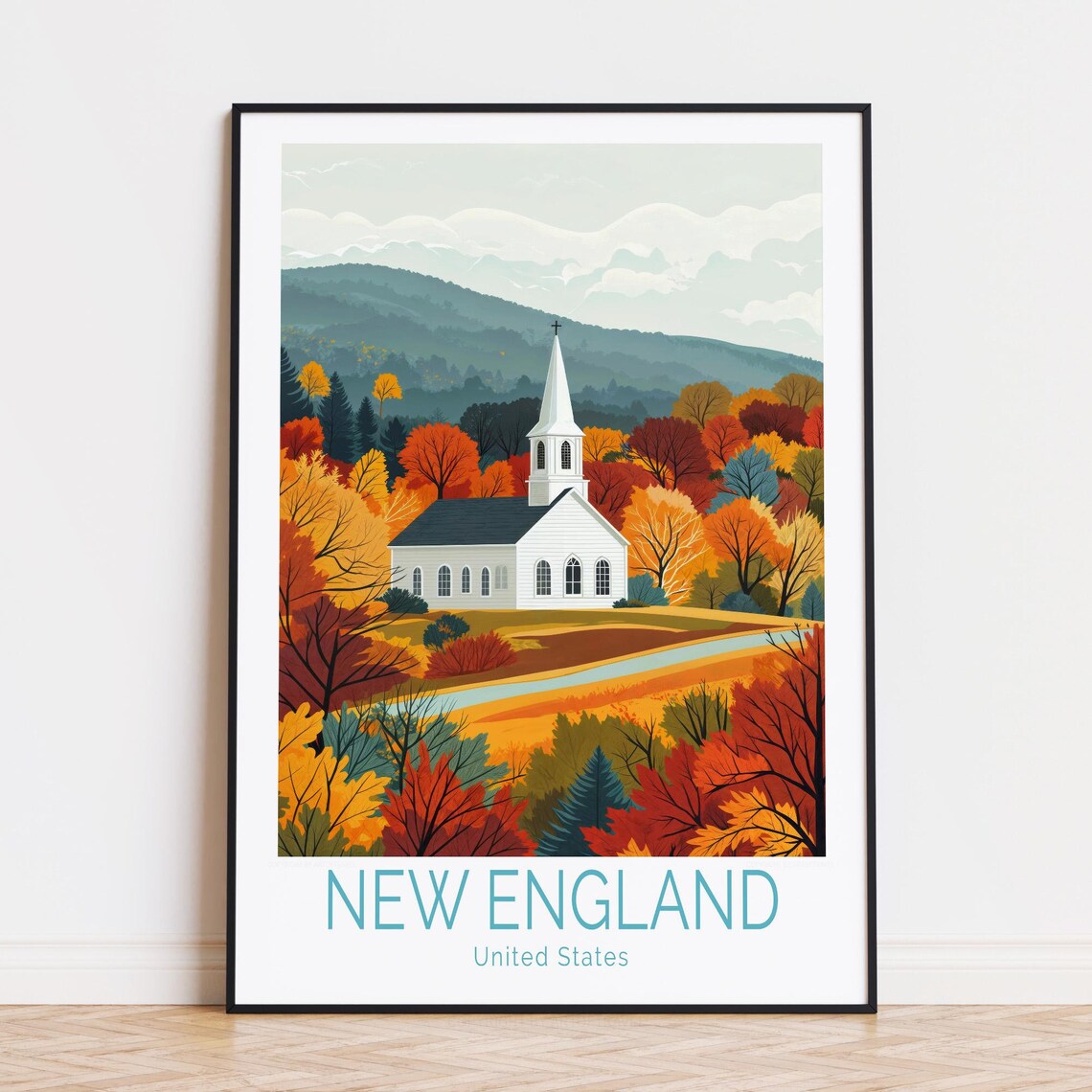 New England United States Fall Foliage Country Church Scenic Poster