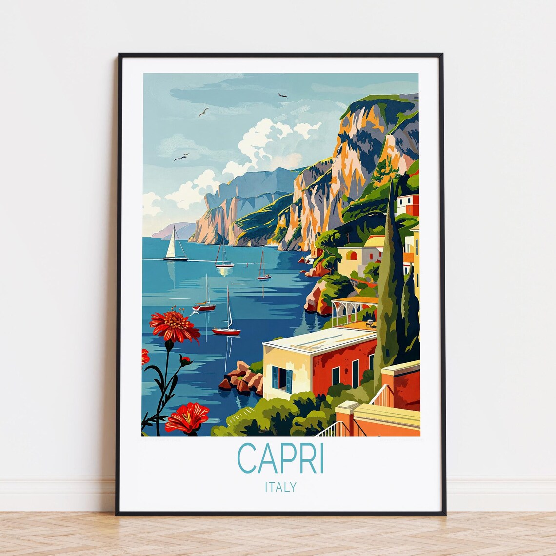 Capri Italy Sailboat Bay Rocky Cliffs Cypress Villa Vintage Poster