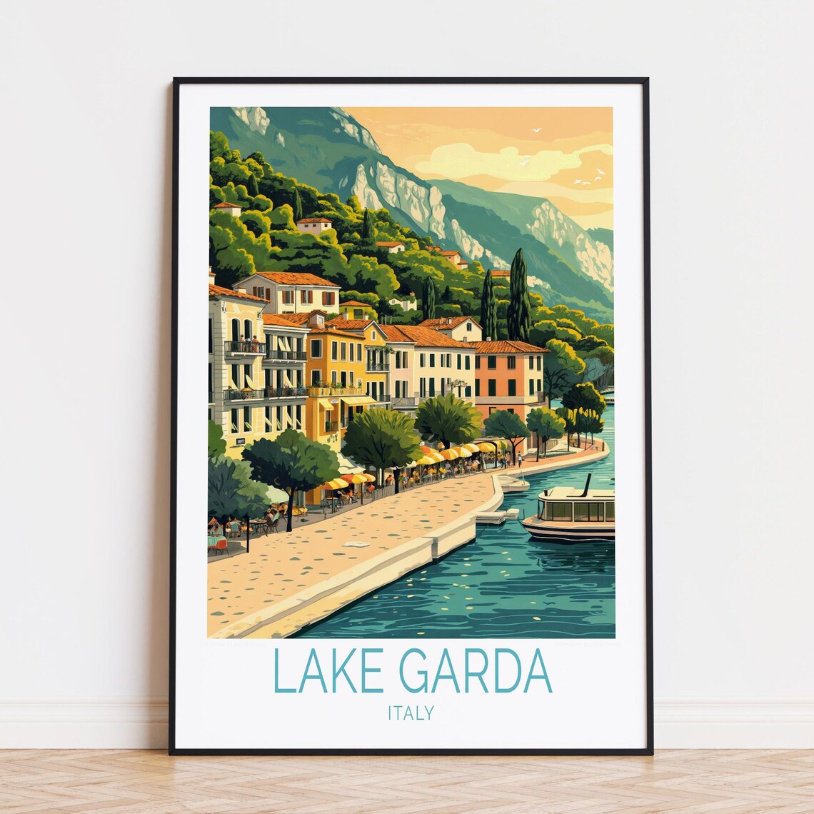 Lake Garda Italy Lakeside Promenade Cliffside Town Golden Hour Poster