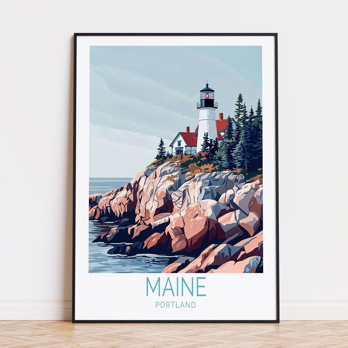 Maine Portland Lighthouse Rocky Ocean Coastline Travel Poster